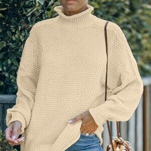 Dokotoo Women's Beige Turtleneck High Neck Balloon Long Sleeve Sweater Small